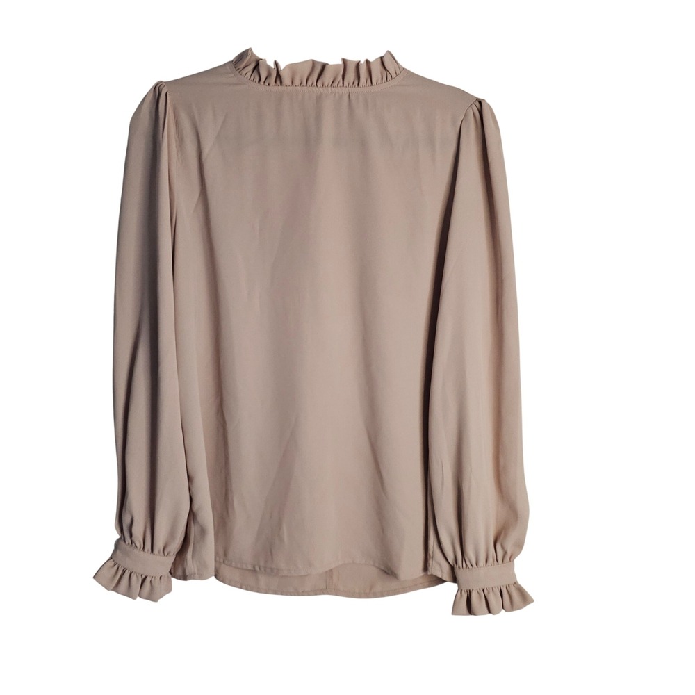 Zenana Tan Beige Ruffle Mock Neck Bishop Sleeve Blouse M Regency Coquette